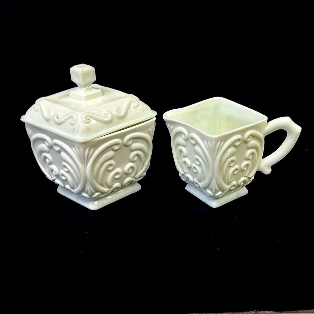 Vintage large size white  glass cream and lidded sugar set